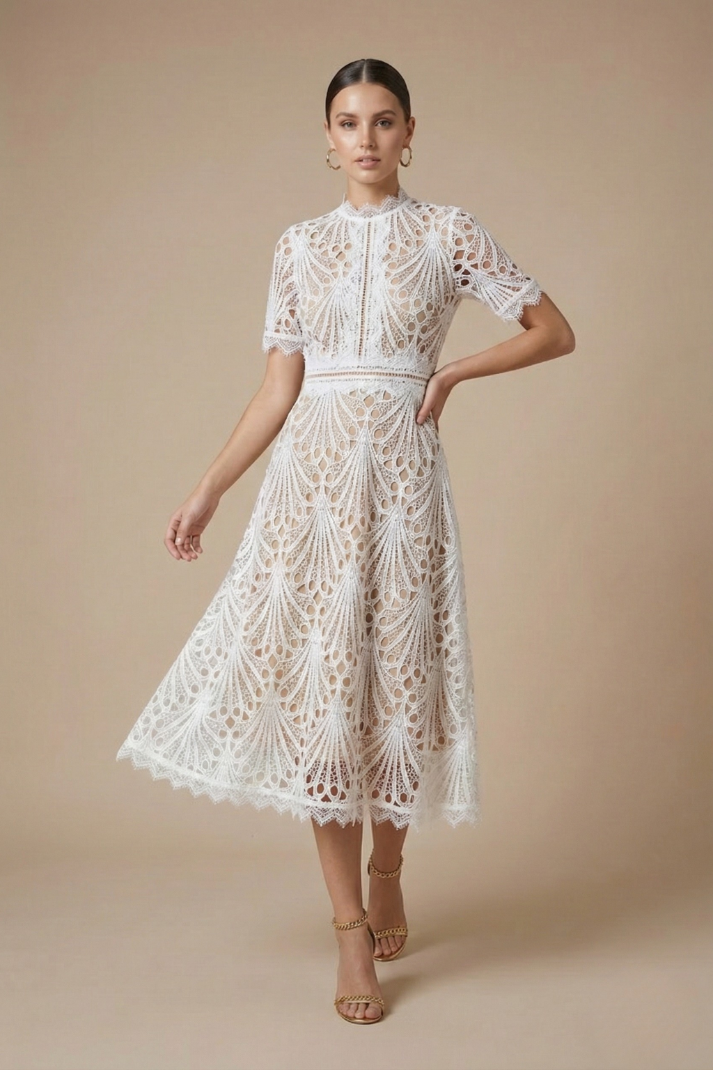 Cutwork Lace High Neck A Line Midi Dress - Wedding Guest