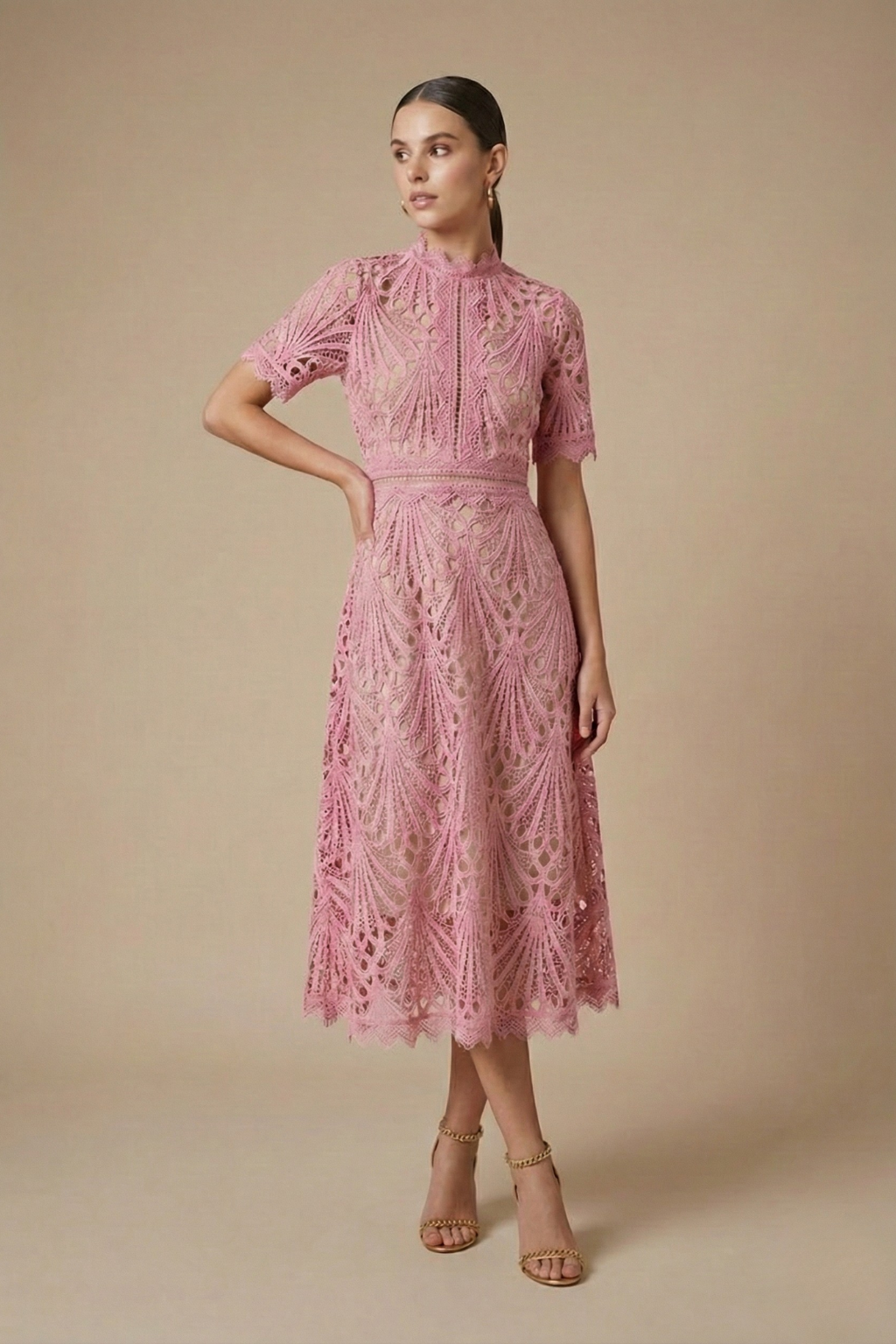 Cutwork Lace High Neck A Line Midi Dress - Wedding Guest