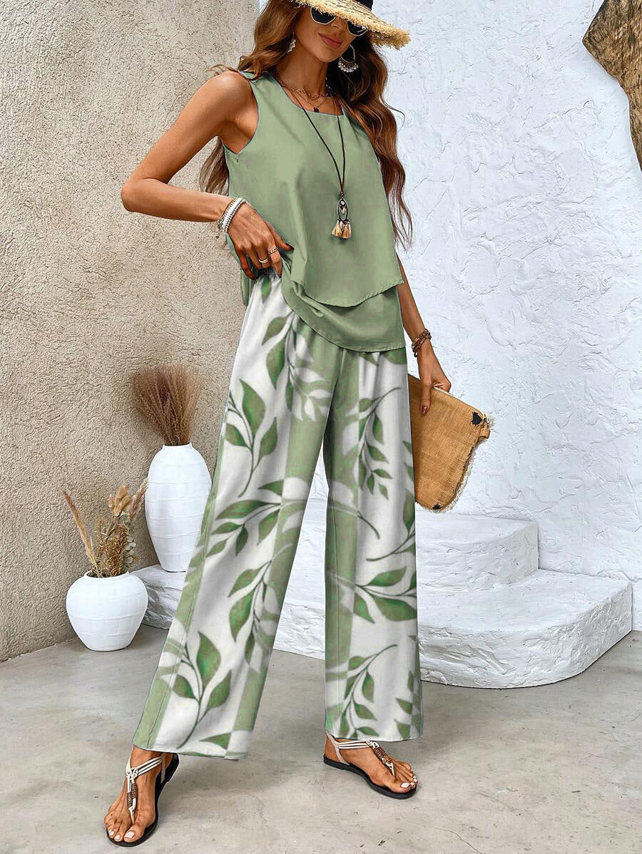Leaf Print Sleeveless Top Wide Leg Trouser Two Piece Set
