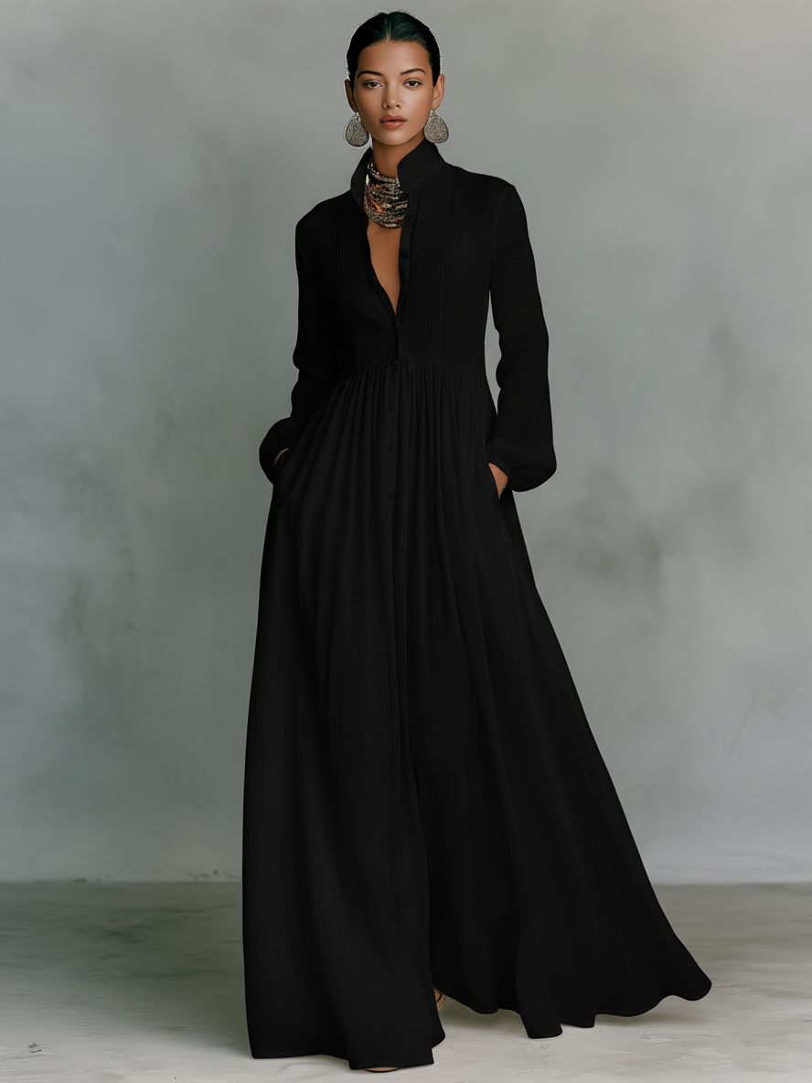 Stand Collar Button Down Pintuck Bodice Flowy Linen Maxi Dress