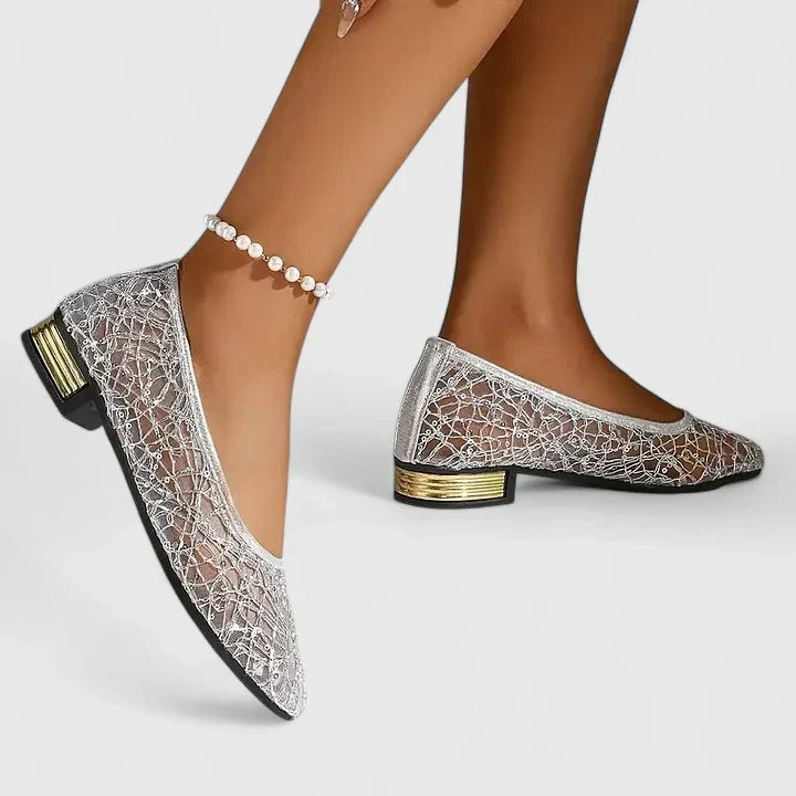 Sequin Lace Mesh Pointed Toe Gold Heel Flat