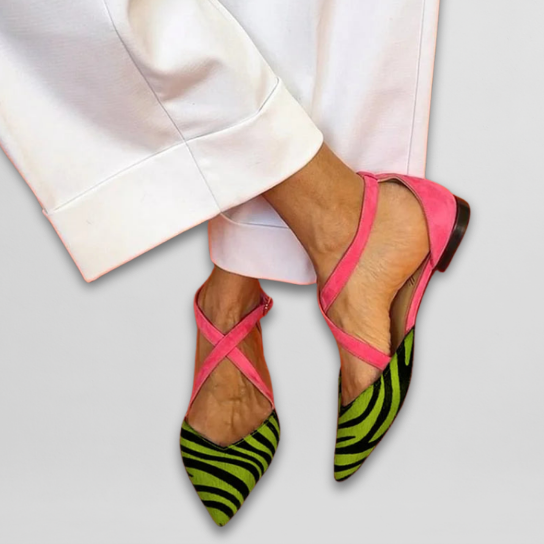 Zebra Print Cross Strap Pointed Toe Suede Ballet Flat