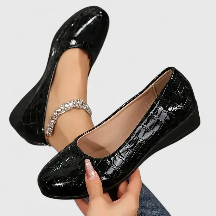 Croc Embossed Patent Slip On Low Wedge Flat