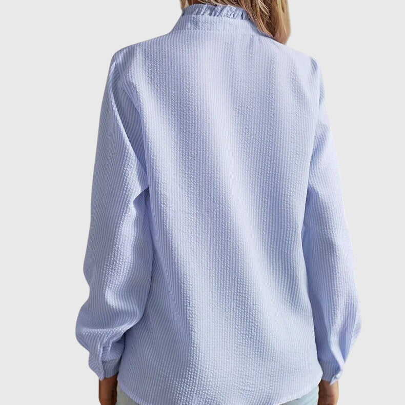 Ruffle Trim Button Down Long Sleeve Textured Blouse