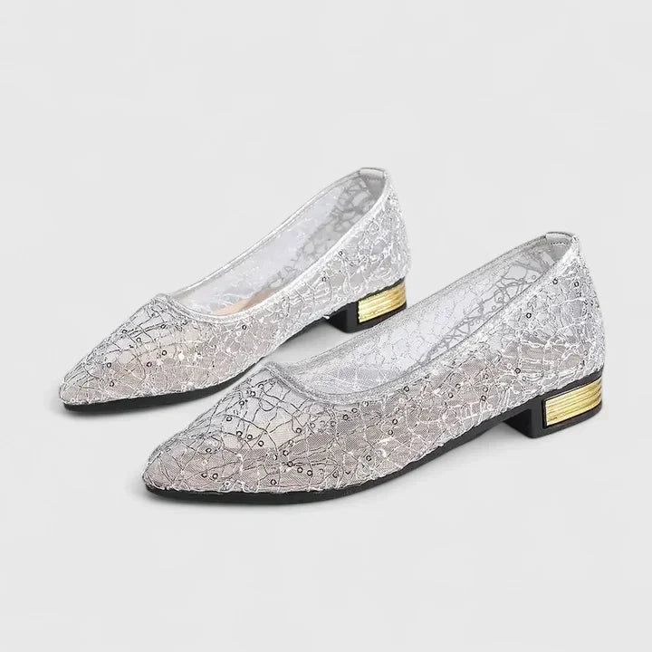 Sequin Lace Mesh Pointed Toe Gold Heel Flat