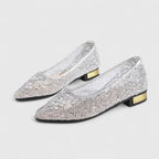 Sequin Lace Mesh Pointed Toe Gold Heel Flat