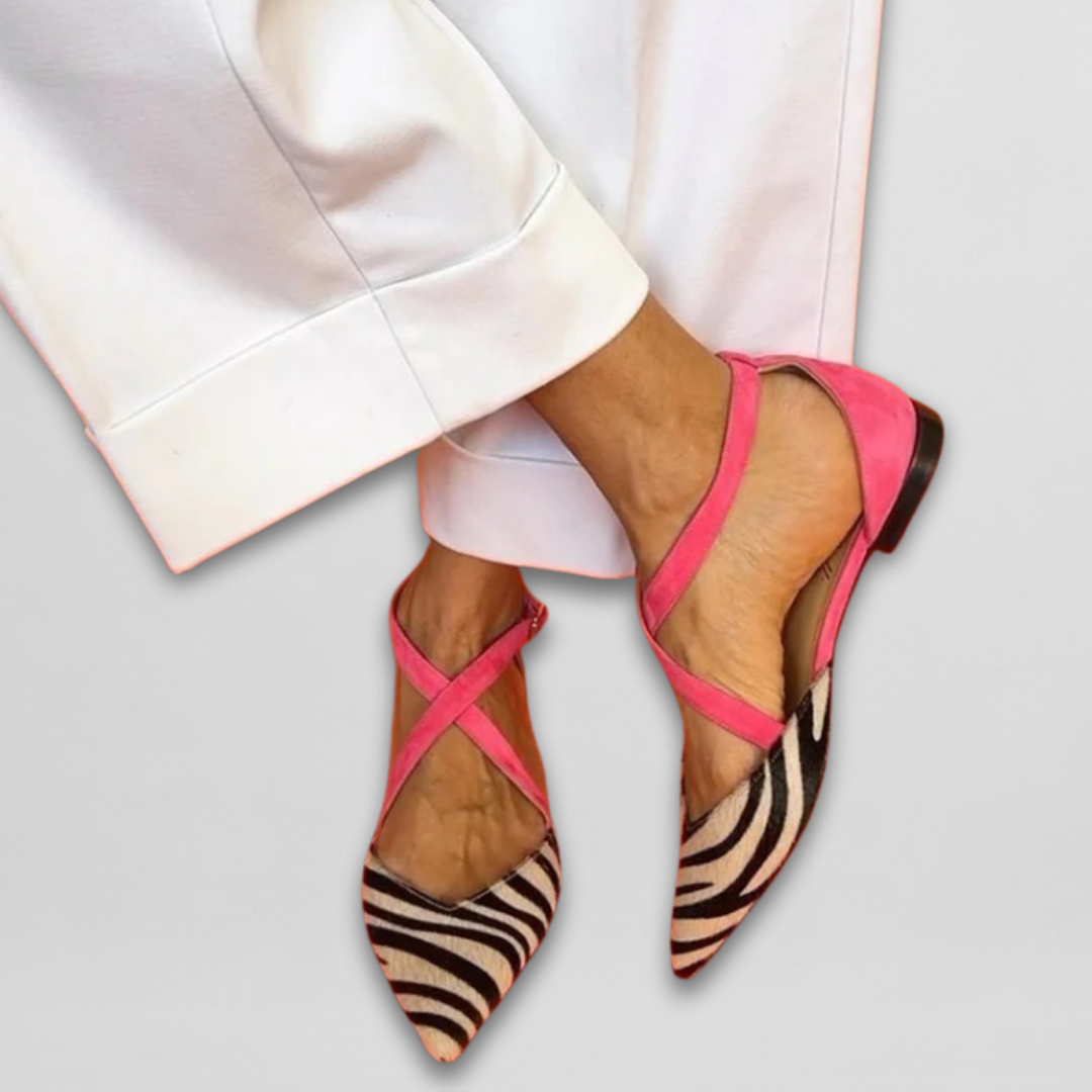 Zebra Print Cross Strap Pointed Toe Suede Ballet Flat