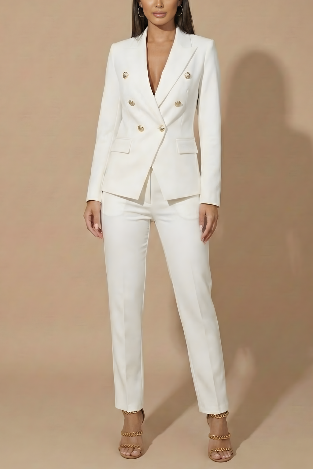 Gold Button Double Breasted Blazer Straight Leg Trouser Suit Set