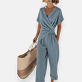 Wrap Twist Front V Neck Short Sleeve Casual Jumpsuit