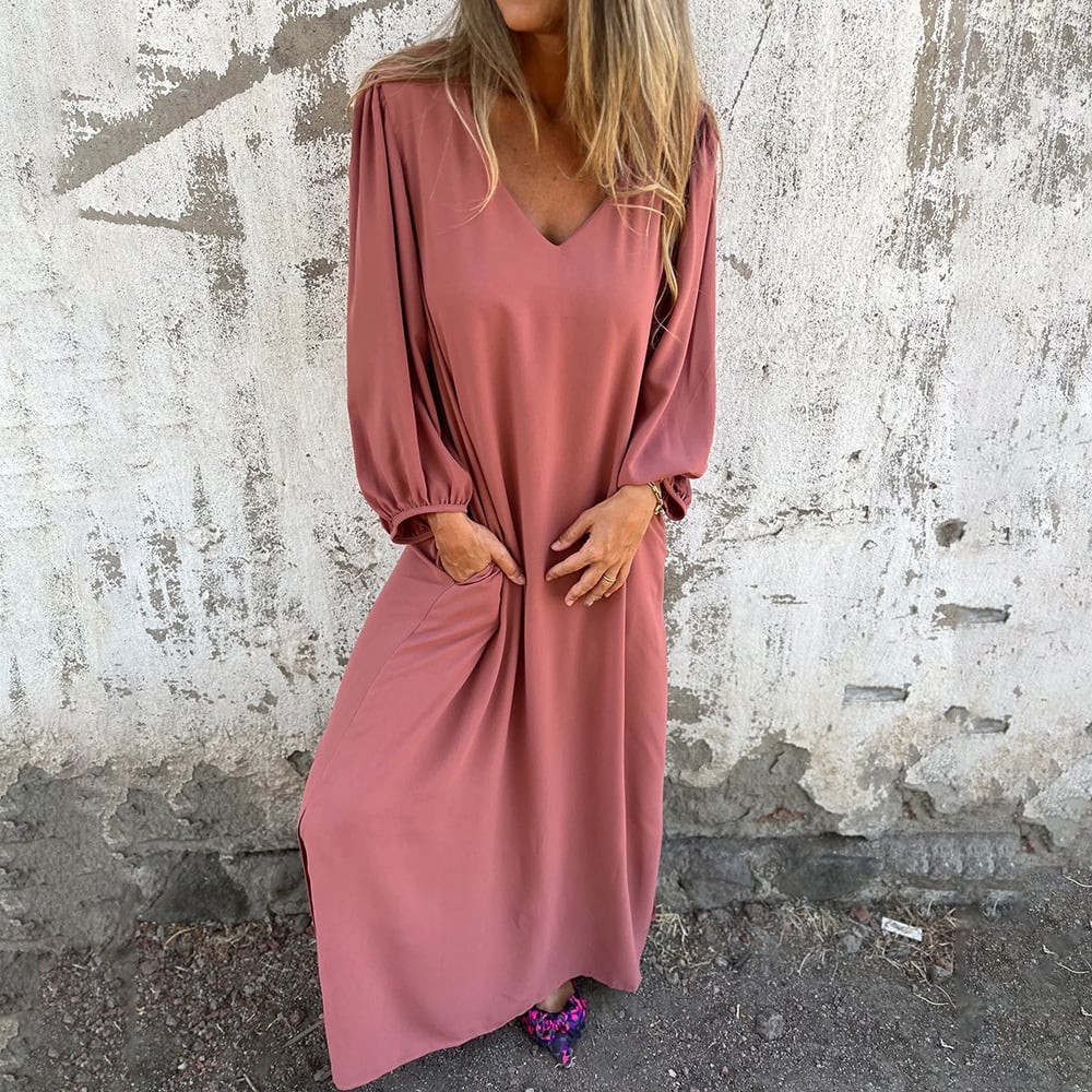Balloon Sleeve V Neck Pocket Flowy Casual Maxi Dress