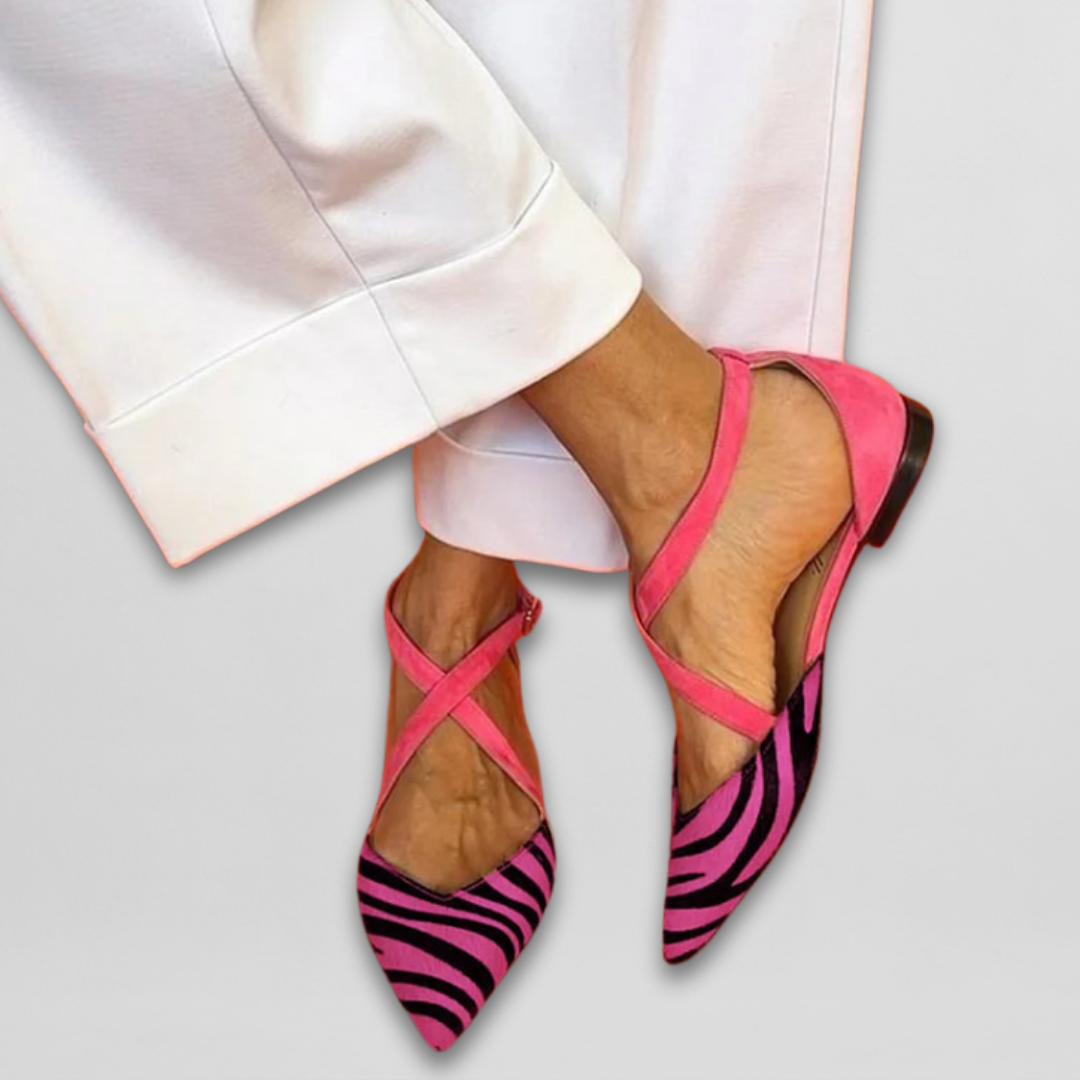 Zebra Print Cross Strap Pointed Toe Suede Ballet Flat