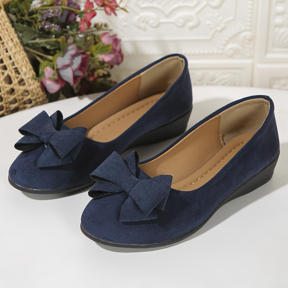 Suede Bow Detail Round Toe Slip On Wedge Ballet Flats