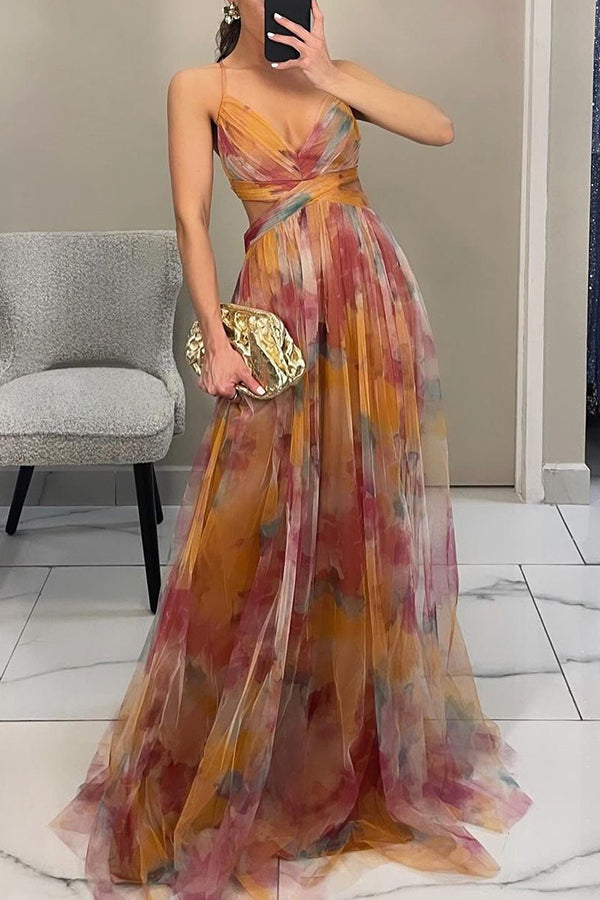 Floral Tulle Strappy Maxi Dress - Formal Evening Gown