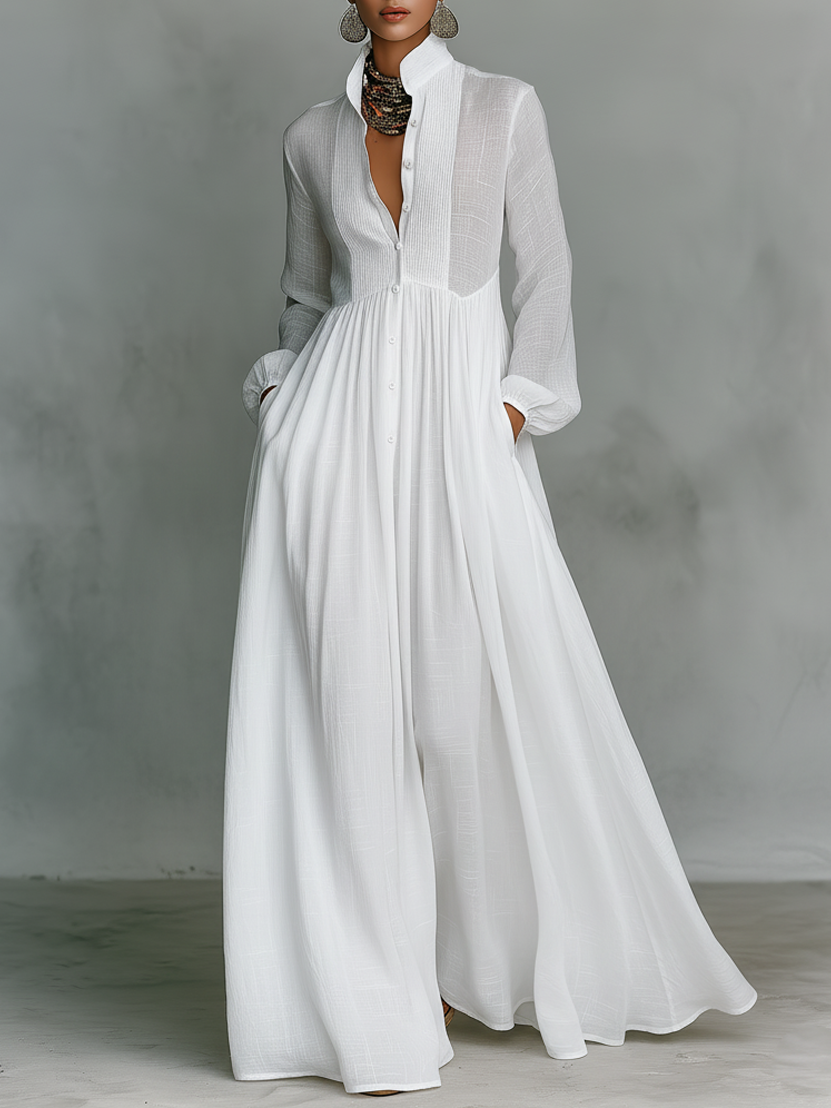 Stand Collar Button Down Pintuck Bodice Flowy Linen Maxi Dress