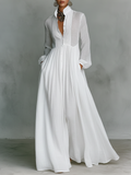Stand Collar Button Down Pintuck Bodice Flowy Linen Maxi Dress
