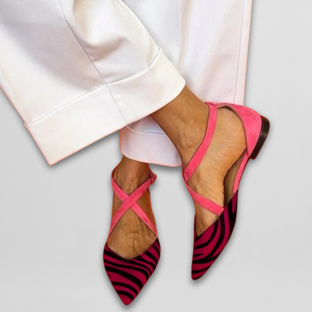 Zebra Print Cross Strap Pointed Toe Suede Ballet Flat