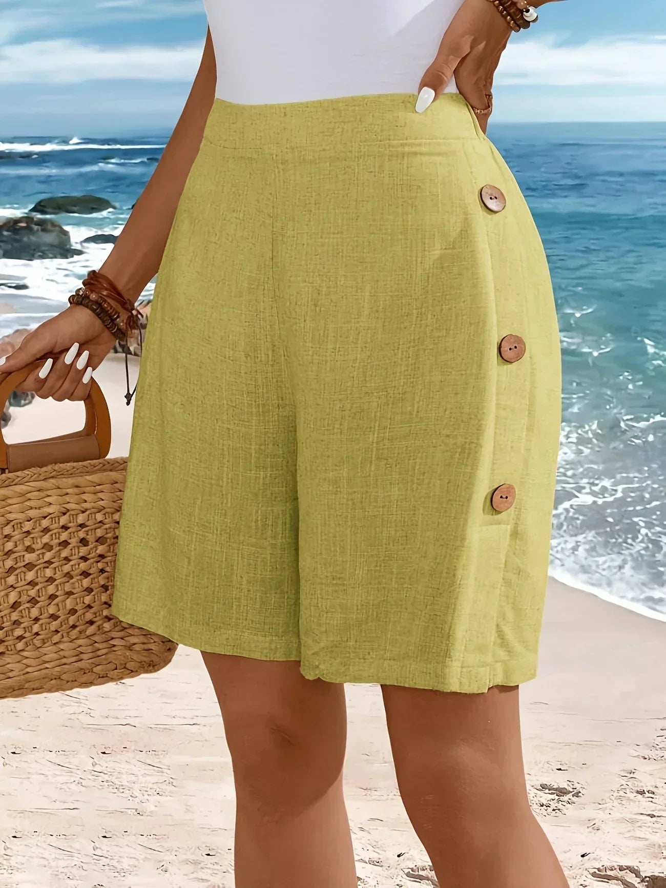 High Waist Side Button Wide Leg Casual Linen Short