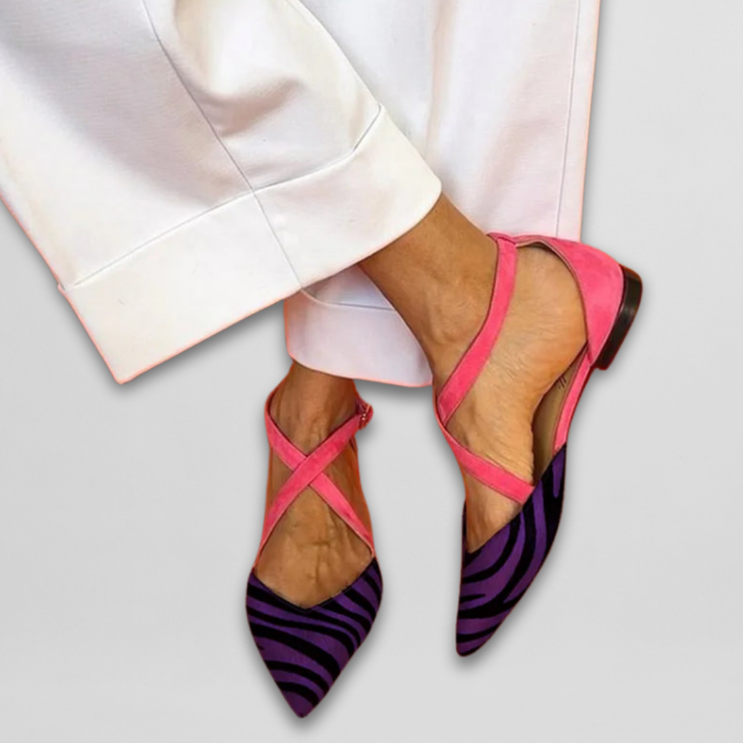 Zebra Print Cross Strap Pointed Toe Suede Ballet Flat
