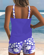 Floral Print Racerback Tankini Top Boyshort Swimsuit Set