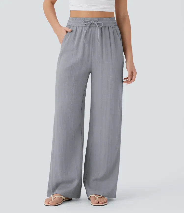Smocked High Waist Drawstring Wide Leg Linen Pant