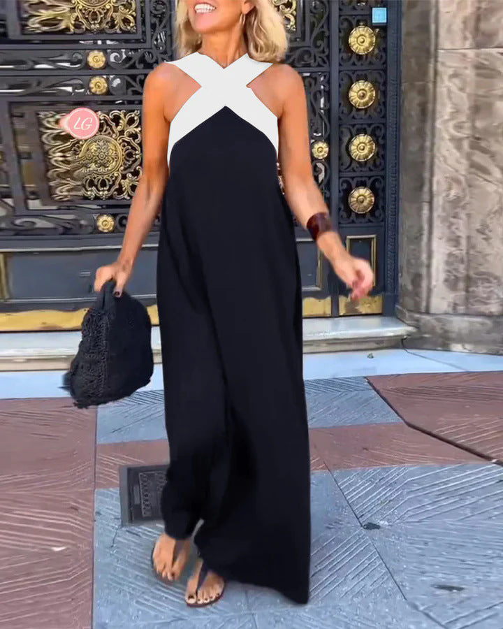Contrast Cross Halter Neck Sleeveless Casual Maxi Dress