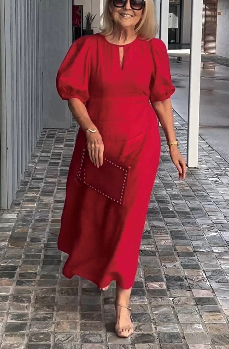 Puff Sleeve Keyhole A Line Midi Dress - Wedding Guest