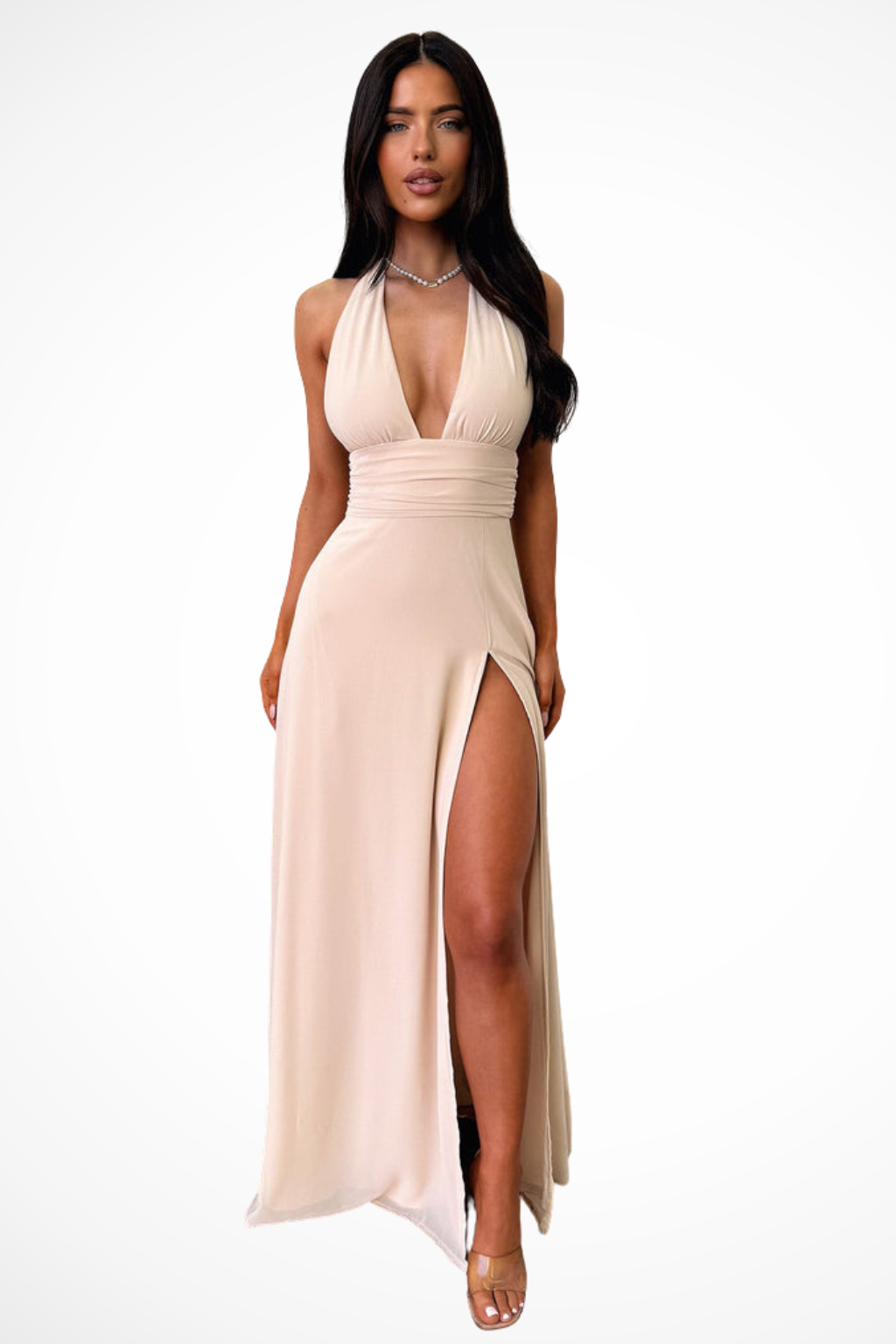 Deep V Halter Neck High Split Chiffon Maxi Dress - Formal Evening Gown