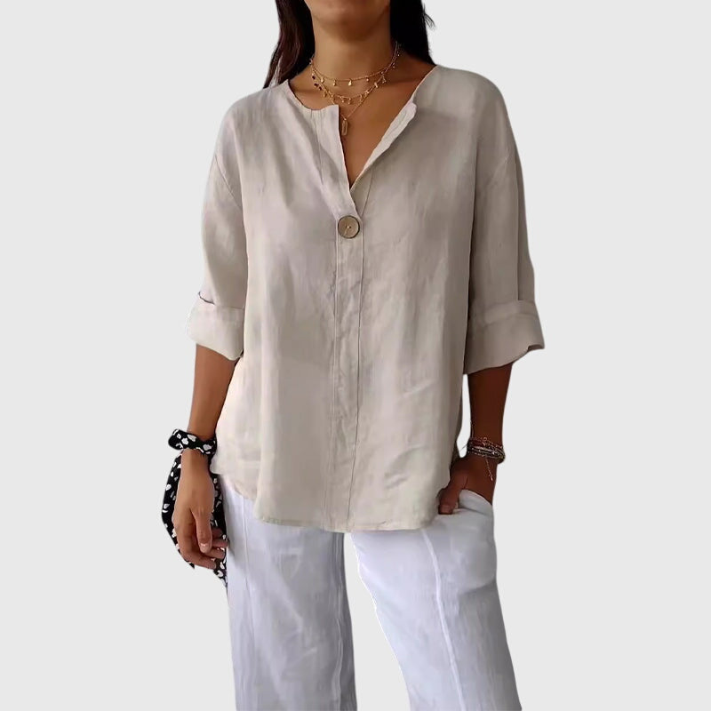 Single Button V Neck Roll Tab Sleeve Relaxed Linen Blouse