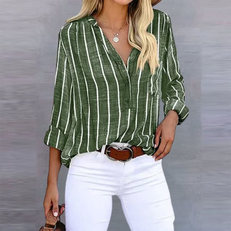 Striped Linen V Neck Long Sleeve Oversized Casual Blouse