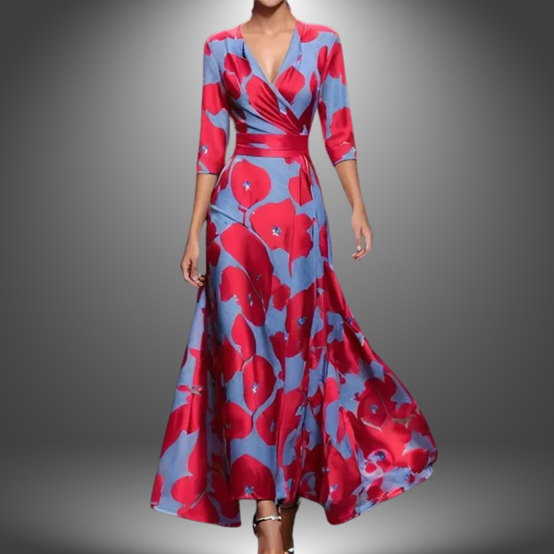 Bold Floral Wrap V Neck Satin Flowy Maxi Dress
