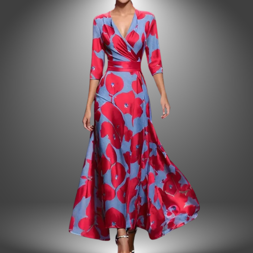 Bold Floral Wrap V Neck Satin Flowy Maxi Dress