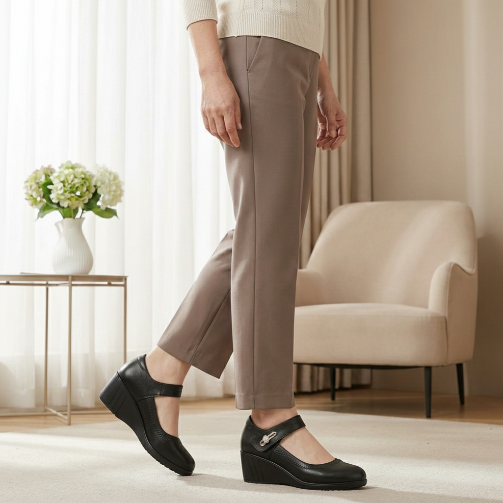 Velcro Strap Embossed Leather Wedge Mary Jane Shoe