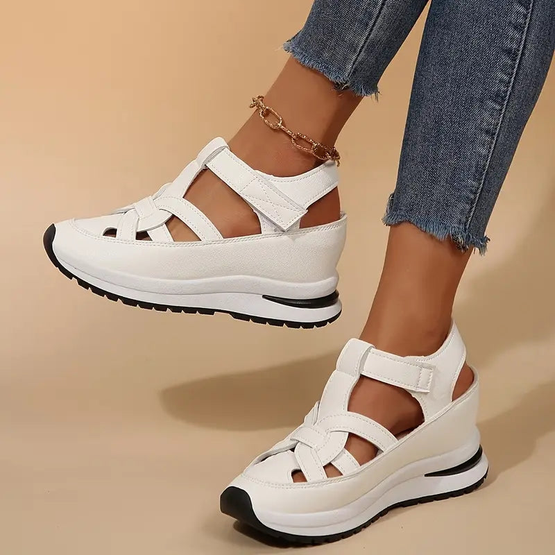 Woven Cut Out Velcro Ankle Strap Flatform Sport Sandals