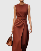Sleeveless Belted Wrap Front Split Elegant Midi Dress