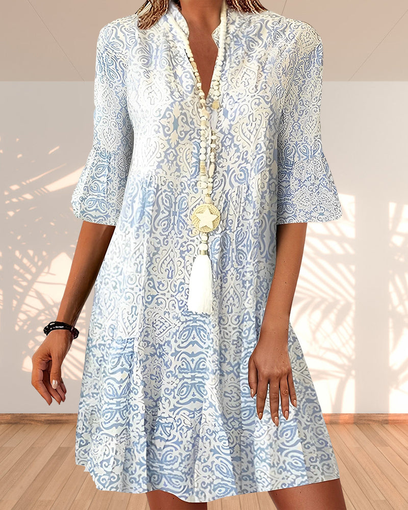 Paisley Print V-Neck Flared Sleeve Boho Casual Midi Dress