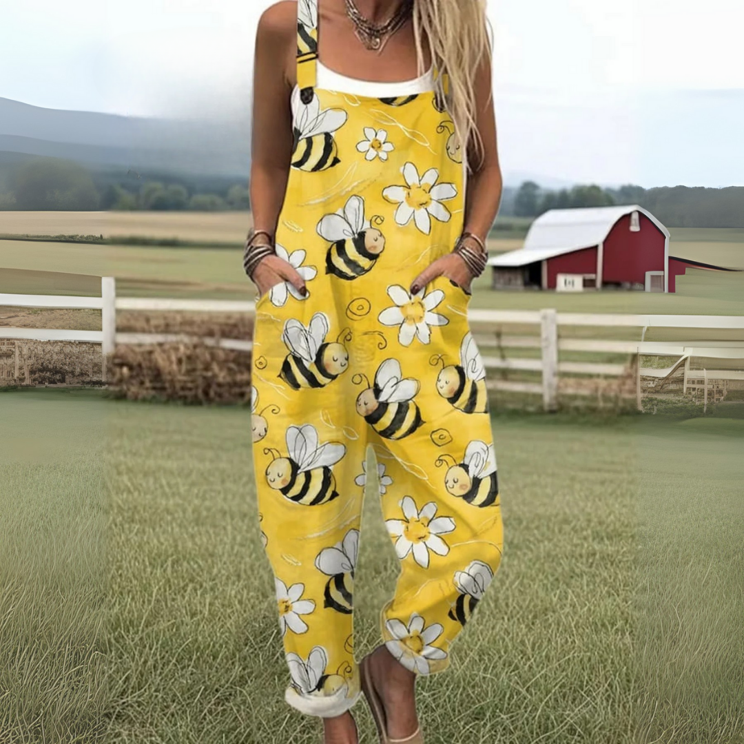 Bumble Bee Print Adjustable Strap Pocket Casual Jumpsuit