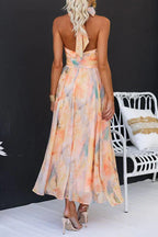 Floral Halter Neck Ruched Waist Flowy Maxi Dress