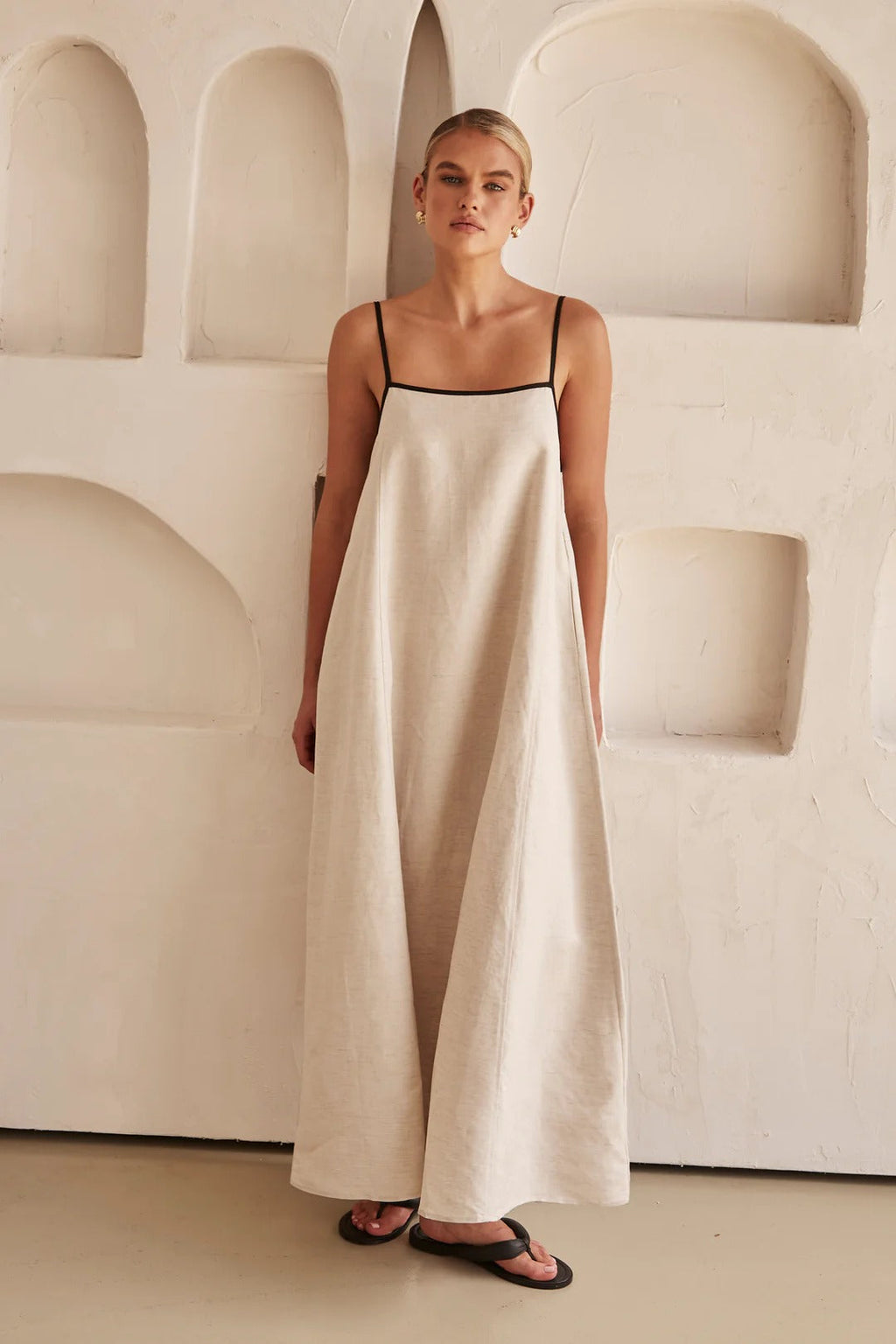 Contrast Trim Square Neck Spaghetti Strap Oversized Linen Maxi Dress