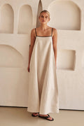 Contrast Trim Square Neck Spaghetti Strap Oversized Linen Maxi Dress