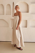 Contrast Trim Square Neck Spaghetti Strap Oversized Linen Maxi Dress