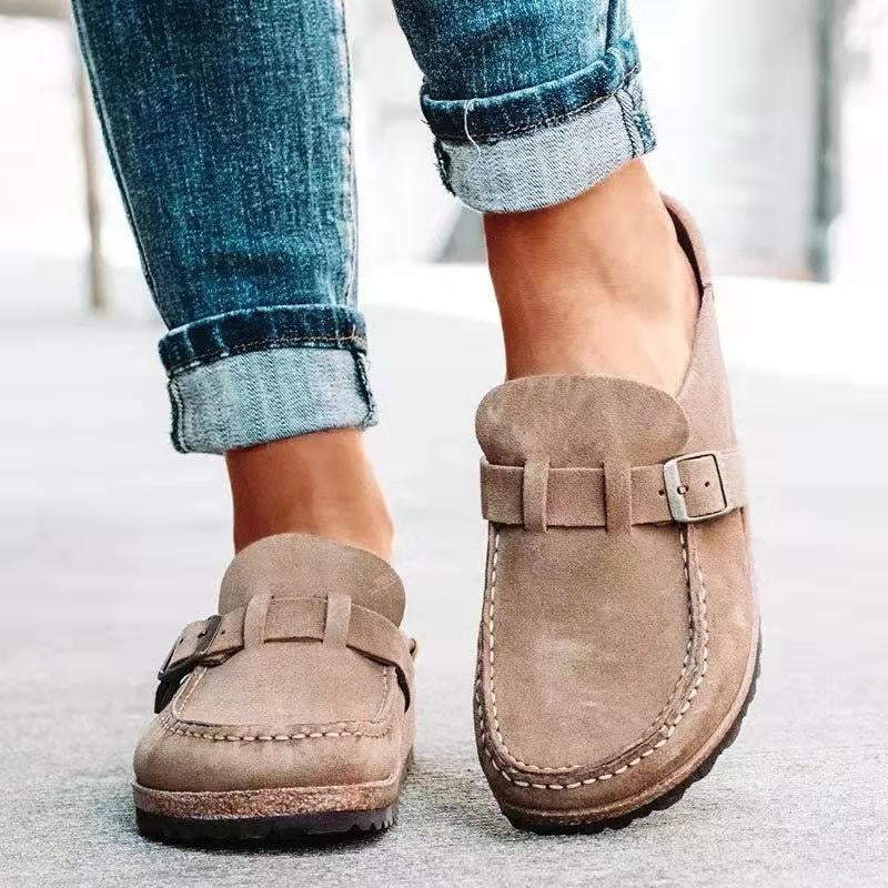 Buckle Strap Suede Cork Sole Slip-On Flat Loafer