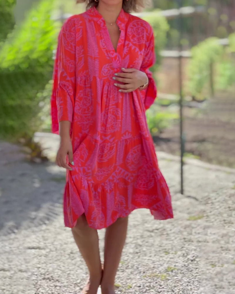 Tribal Print Tiered Flowy V Neck Boho Midi Dresses