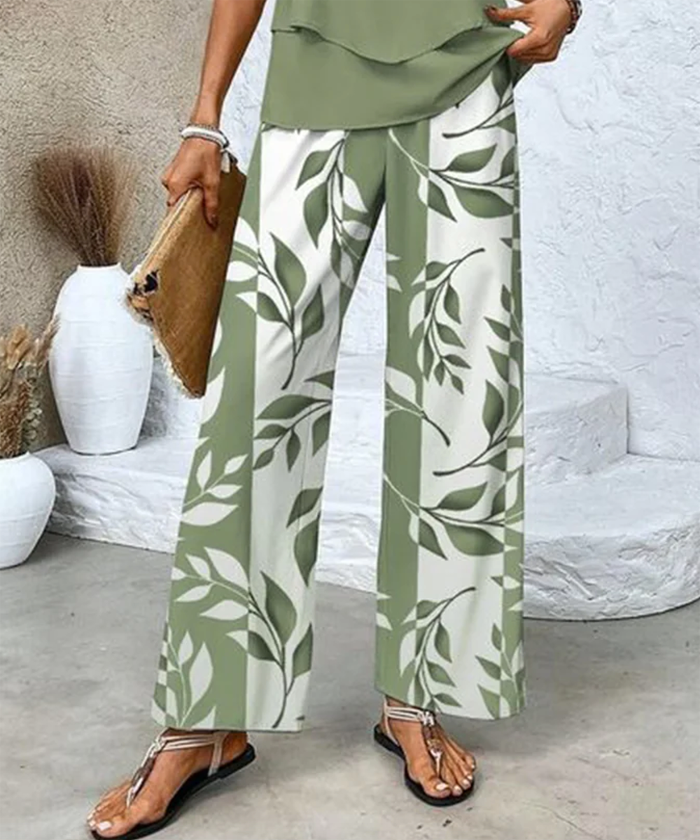 Leaf Print Sleeveless Top Wide Leg Trouser Two Piece Set