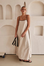 Contrast Trim Square Neck Spaghetti Strap Oversized Linen Maxi Dress