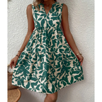 Botanical Leaf Print Tiered Sleeveless V-Neck Mini Dress