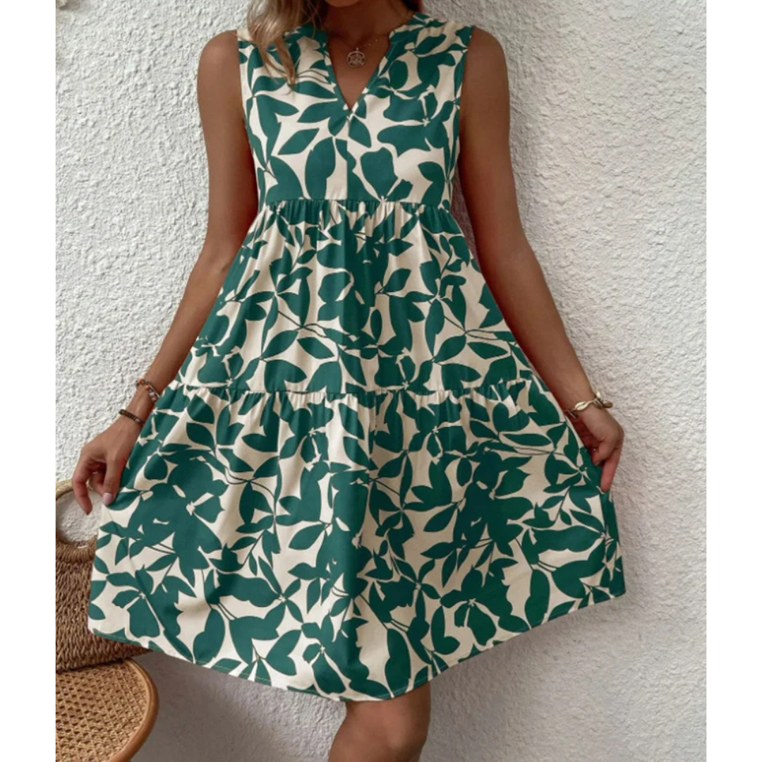 Botanical Leaf Print Tiered Sleeveless V-Neck Mini Dress