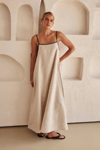 Contrast Trim Square Neck Spaghetti Strap Oversized Linen Maxi Dress