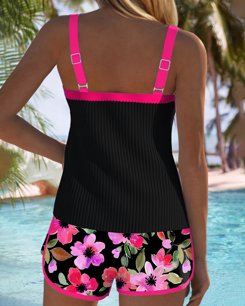 Ribbed Contrast Trim Floral Boyshort Tankini Swimsuit Set