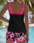 Ribbed Contrast Trim Floral Boyshort Tankini Swimsuit Set