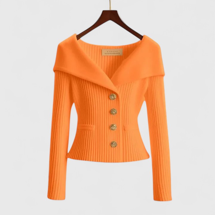 Off Shoulder Fold Collar Gold Button Fitted Ribbed Cardigan
